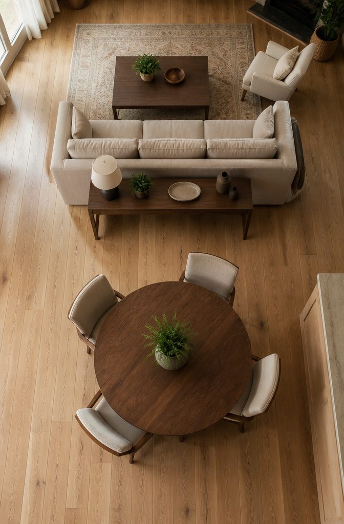 Sofa positioned to separate the living area from the dining space.