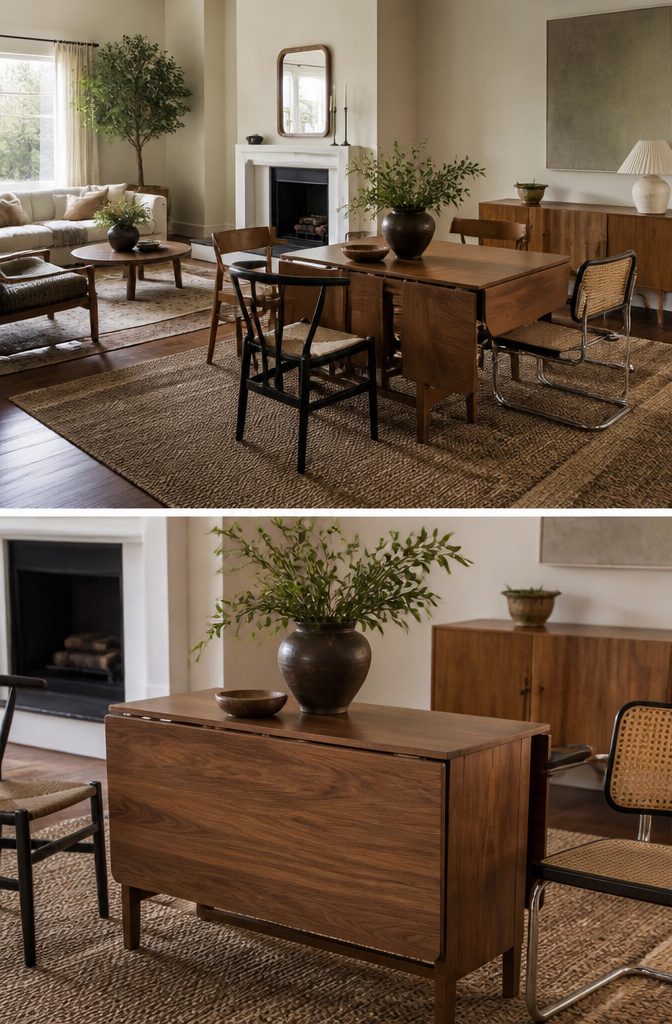 Drop-leaf dining table shown in a compact arrangement.