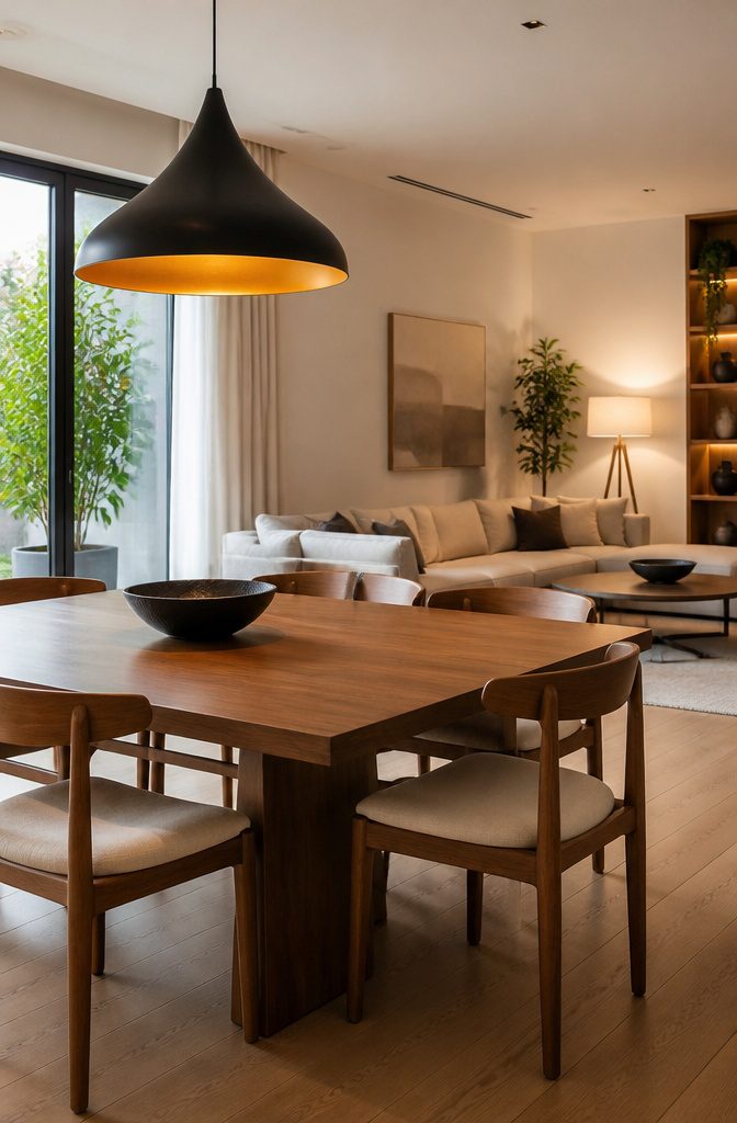 Pendant light over the dining table contrasts with softer living area lighting.