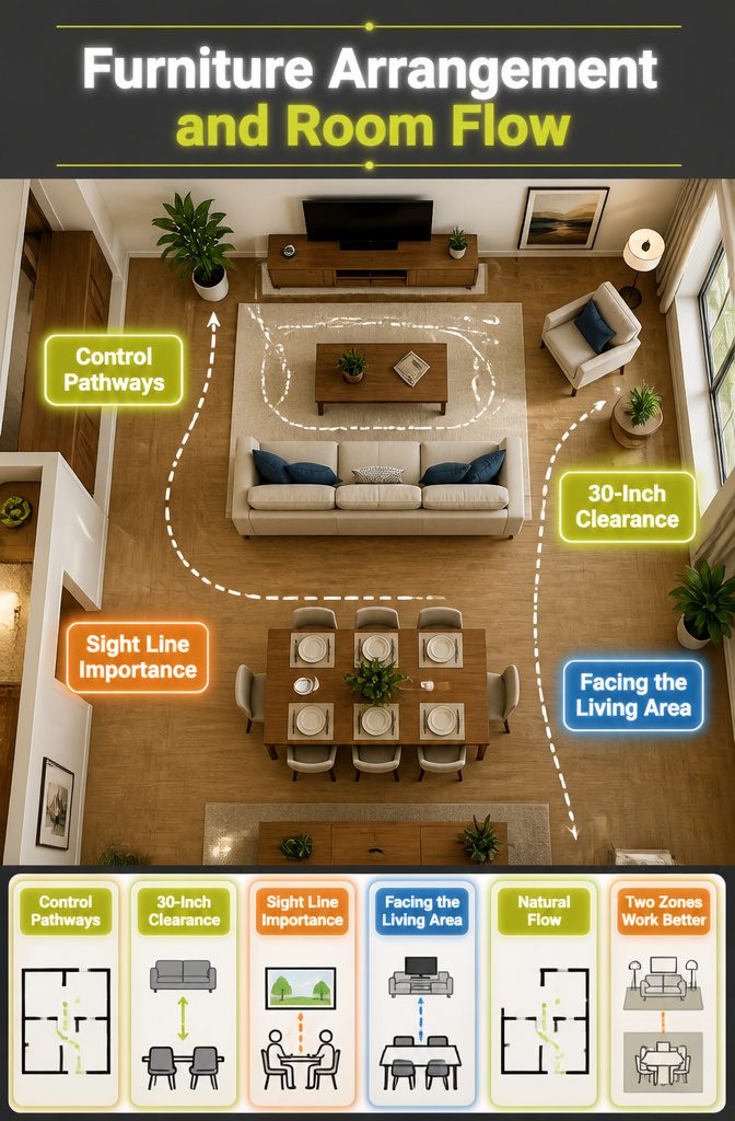 Sofa and dining table arranged to promote easy flow in the room.