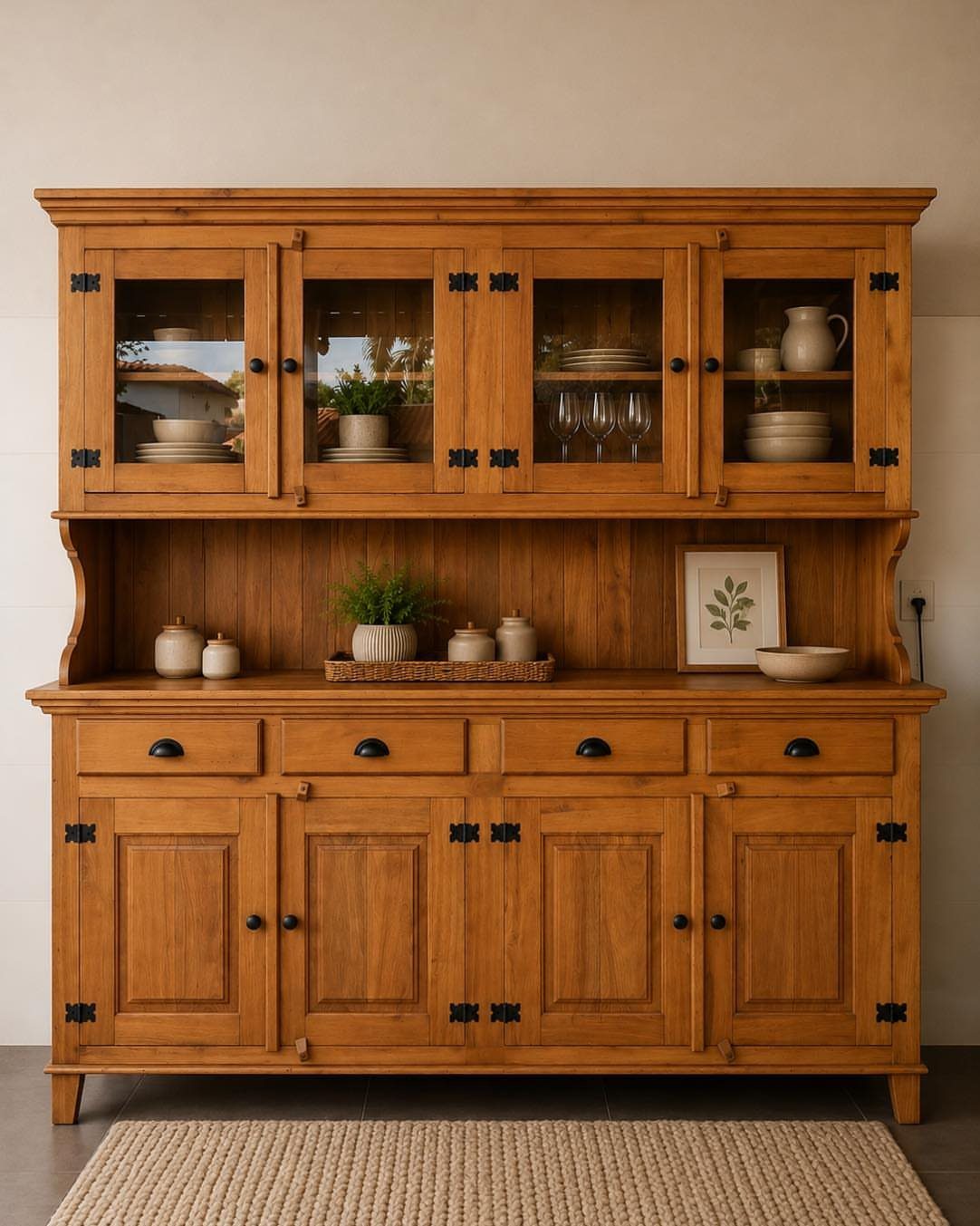 Wooden dining buffet with a small tray holding a plant and jars.