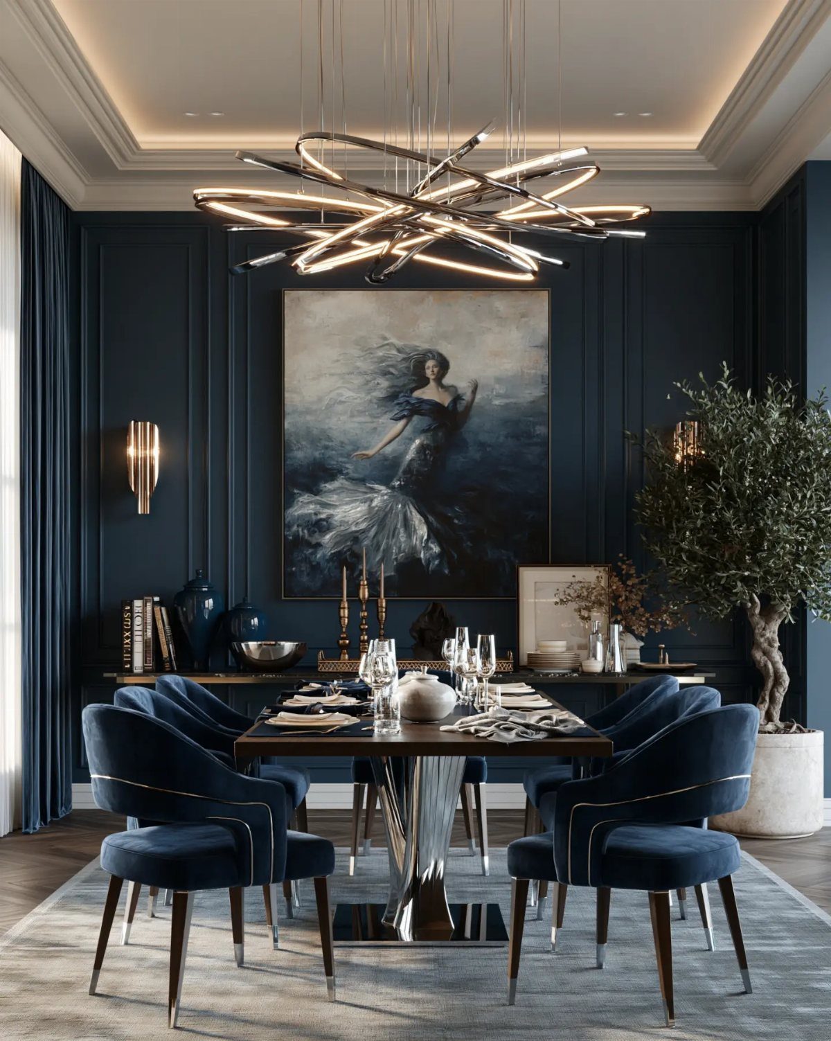 6 Dining Room Chair Rail Ideas for a Polished Look 2 Deep navy blue paneled walls in a luxury dining room with velvet chairs.