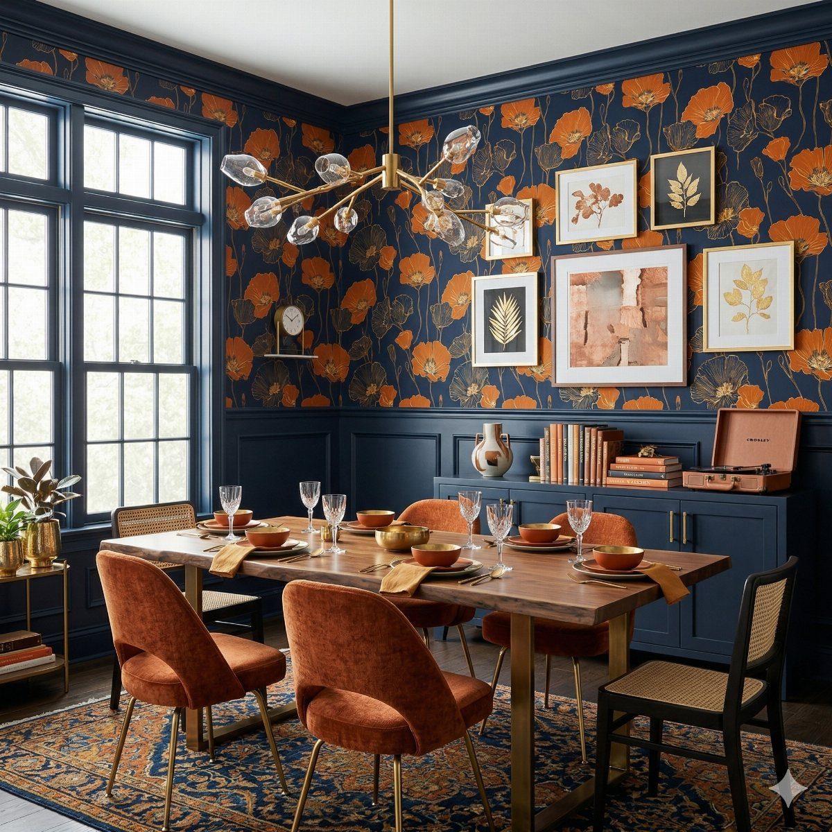 6 Dining Room Chair Rail Ideas for a Polished Look 5 Dining room with navy blue wainscoting, chair rail, and orange floral wallpaper.