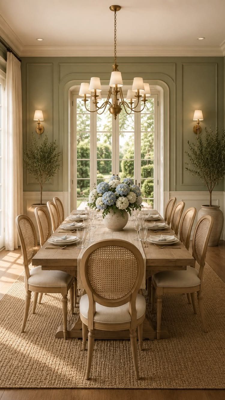 10 Dining Room Colors for 2027 That Feel Fresh and Grounded 3 Dining room with sage green walls, light wood furniture, and blue hydrangea centerpiece.