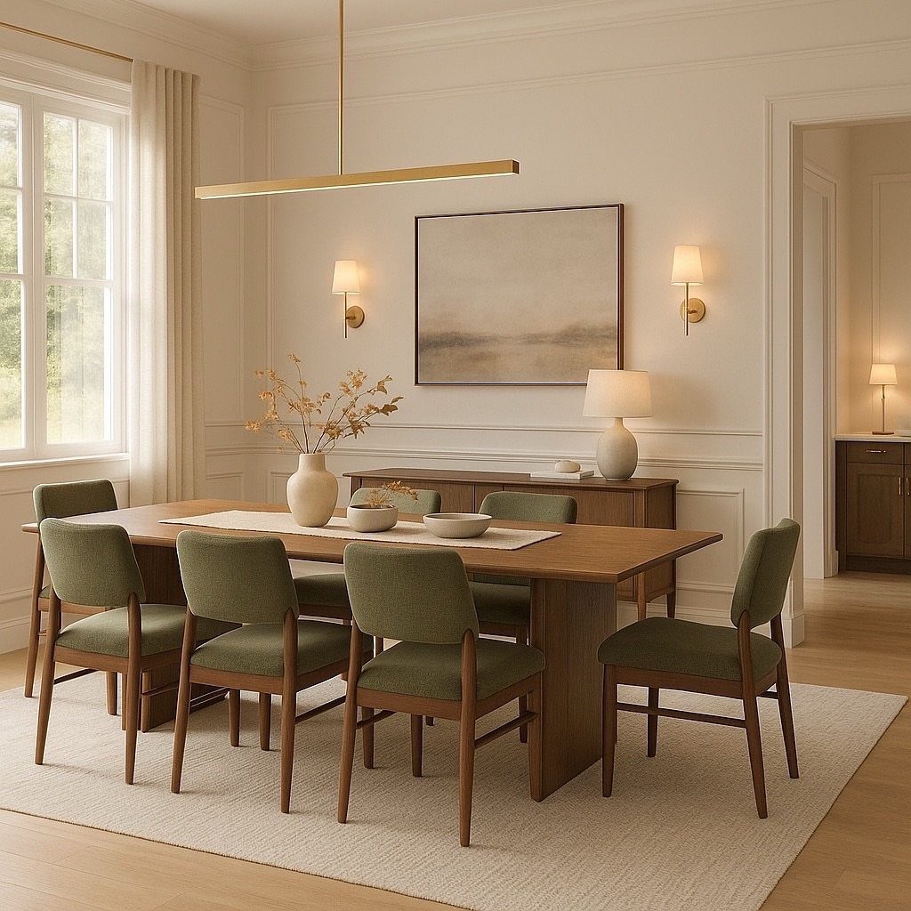 10 Dining Room Colors for 2027 That Feel Fresh and Grounded 6 Olive green dining chairs around a wooden table in a bright, neutral room.