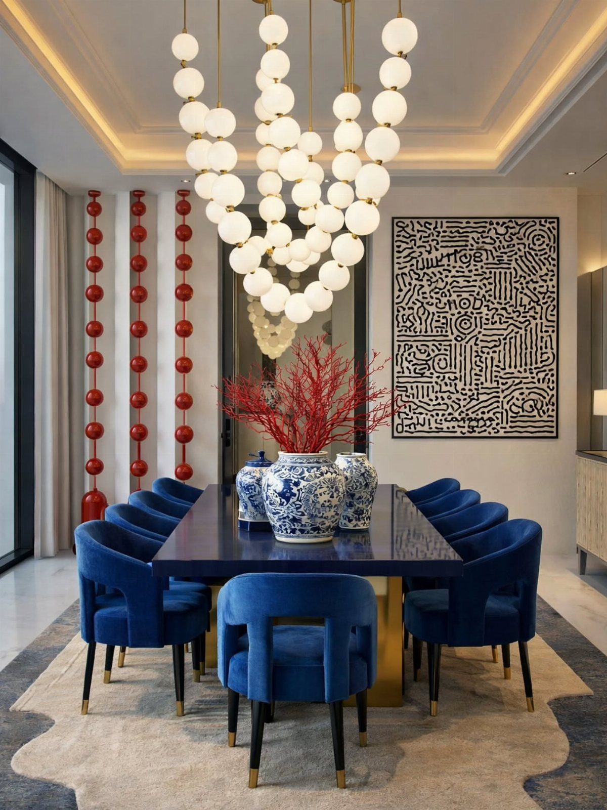 10 Dining Room Colors for 2027 That Feel Fresh and Grounded 10 Modern dining room with dark blue velvet chairs and a large bubble chandelier.