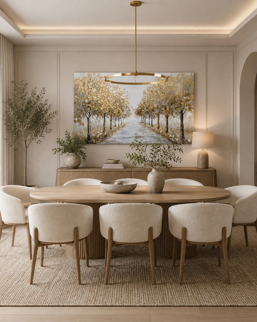 10 Dining Room Colors for 2027 That Feel Fresh and Grounded 4 Modern dining room featuring neutral beige walls, cream chairs, and a wooden table.