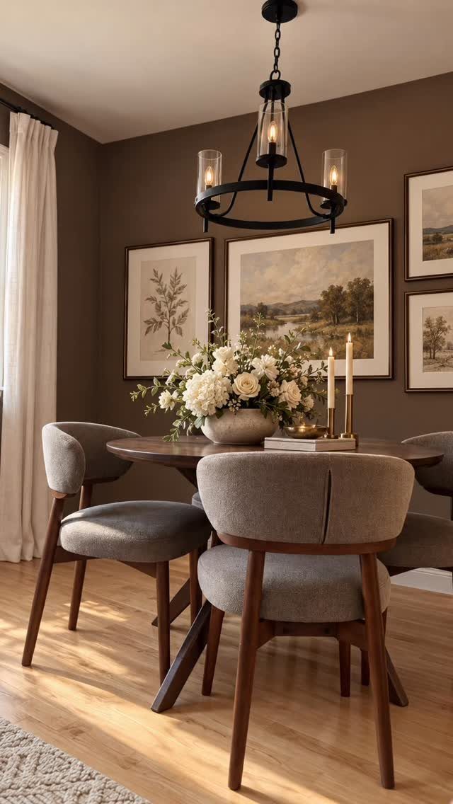 10 Dining Room Colors for 2027 That Feel Fresh and Grounded 9 Dining room with dark brown walls, grey chairs, and a black chandelier.