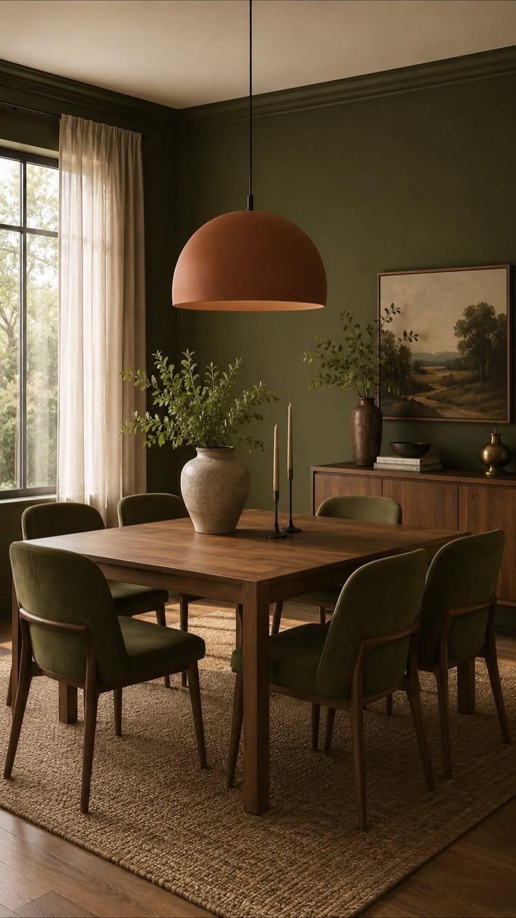 9 Dining Room Color Ideas for a Welcoming Space 2 Muted green dining room with wooden table, green chairs, and terracotta pendant light.