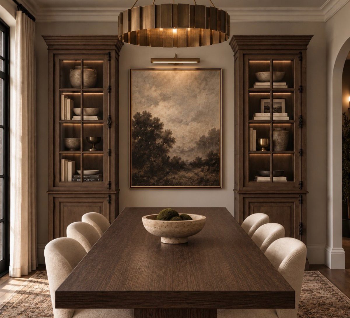 9 Dining Room Color Ideas for a Welcoming Space 8 Dark brown wooden dining table and cabinets in a warm neutral room.