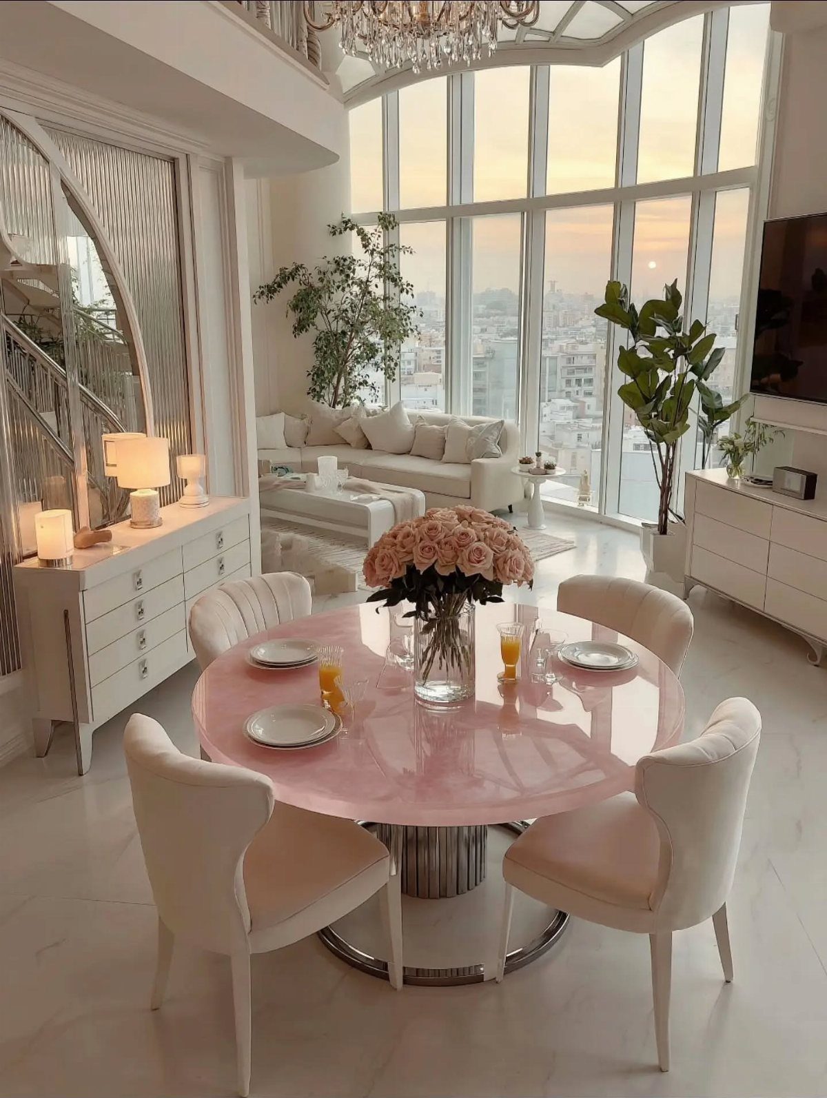 9 Dining Room Color Ideas for a Welcoming Space 5 Round pink dining table with white chairs and pink roses in a bright room.
