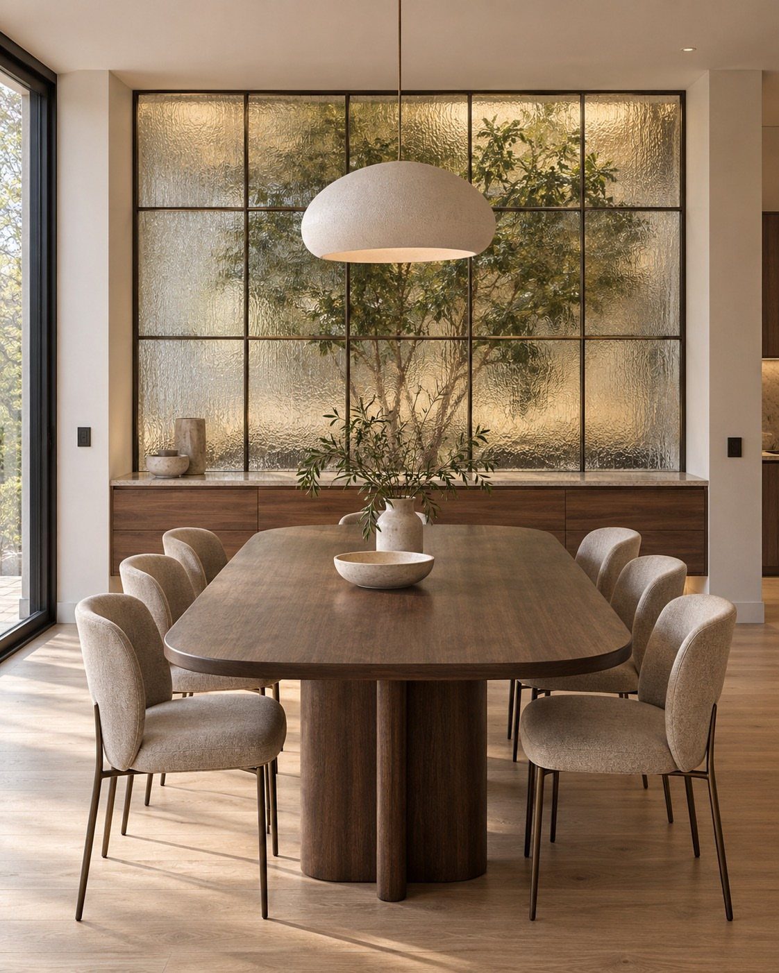 15 Dining Room Decor Modern Ideas with Style and Function 1 Oval wooden dining table with beige chairs positioned near a textured glass window.