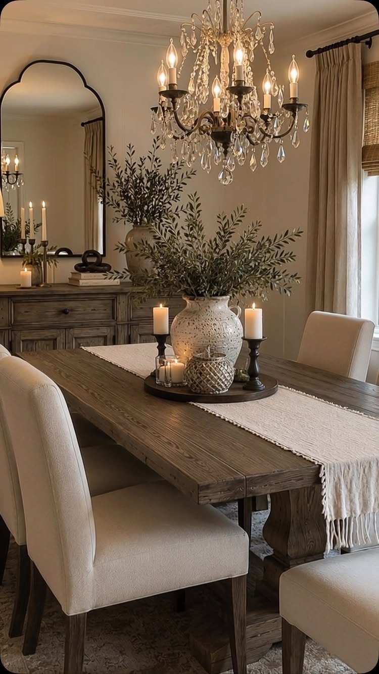 15 Dining Room Decor Modern Ideas with Style and Function 12 Wooden dining table with cream chairs, crystal chandelier, and greenery in neutral room