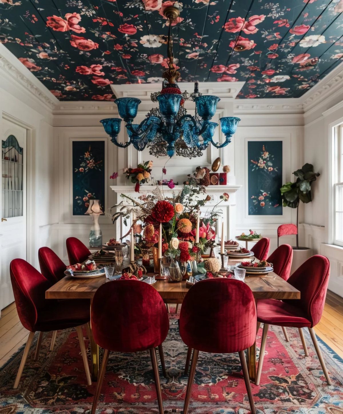 15 Dining Room Decor Modern Ideas with Style and Function 8 Floral wallpapered ceiling above a dining table with red velvet chairs and blue chandelier.