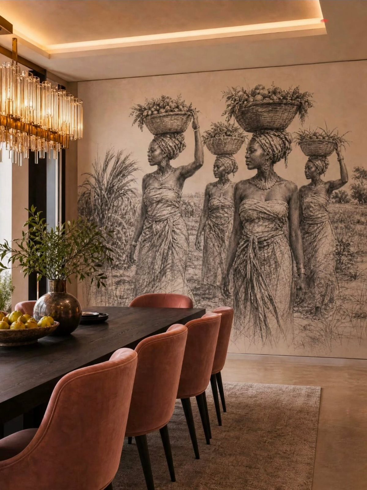 15 Dining Room Decor Modern Ideas with Style and Function 13 Modern dining room with terracotta chairs and a large monochrome wall mural.