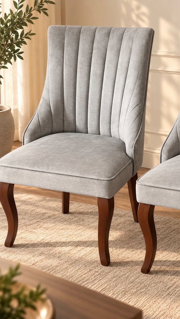 10 Dining Room Decorating Ideas for 2027 That Feel Fresh 2 Grey upholstered dining chair with vertical channel tufting and curved dark wood legs.
