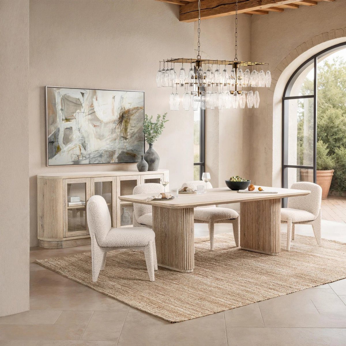 10 Dining Room Decorating Ideas for 2027 That Feel Fresh 8 Dining room with ribbed wooden table, textured fabric chairs, and woven jute rug.