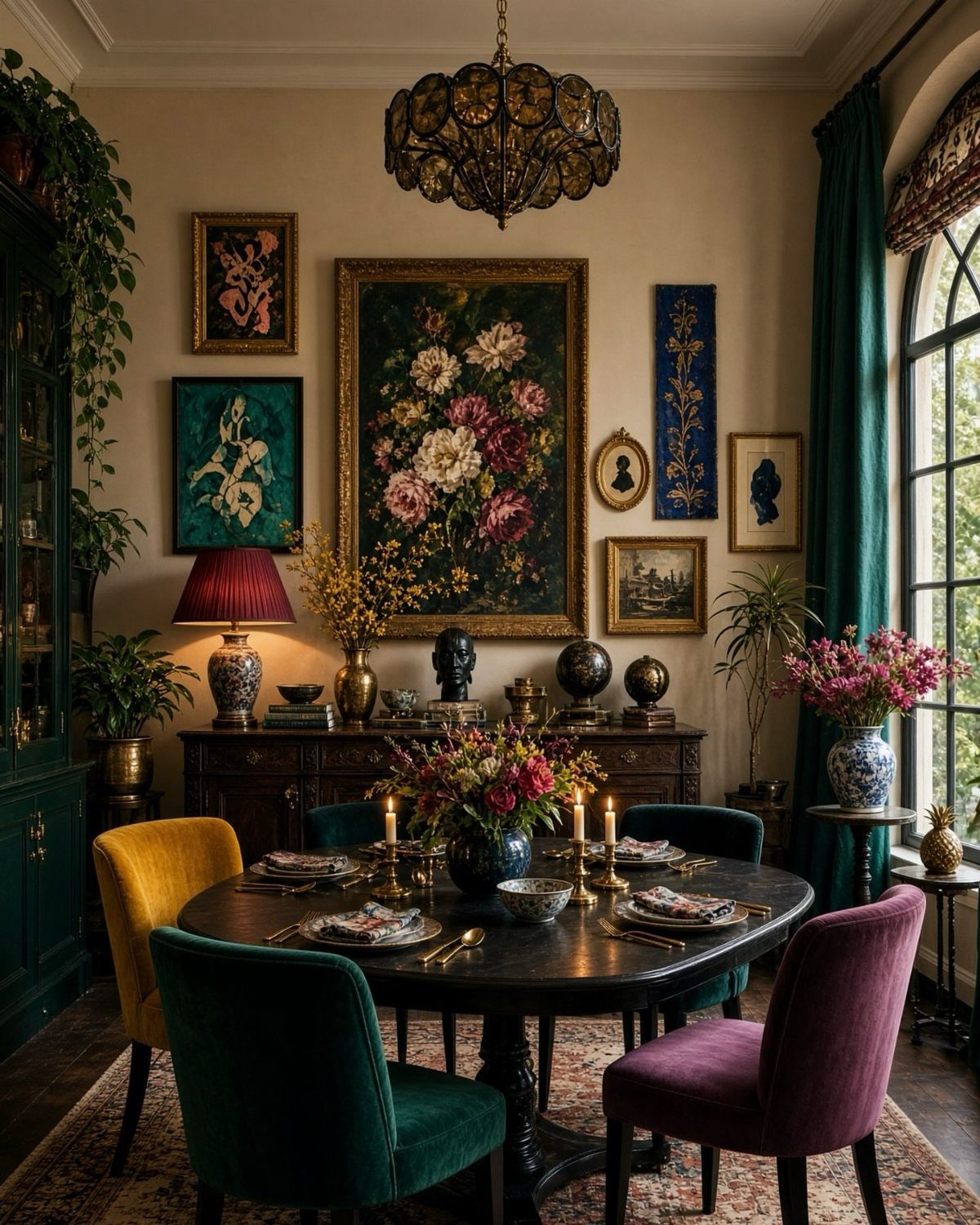 10 Dining Room Decorating Ideas for 2027 That Feel Fresh 4 Dining room with a large floral painting and colorful velvet chairs around a table.