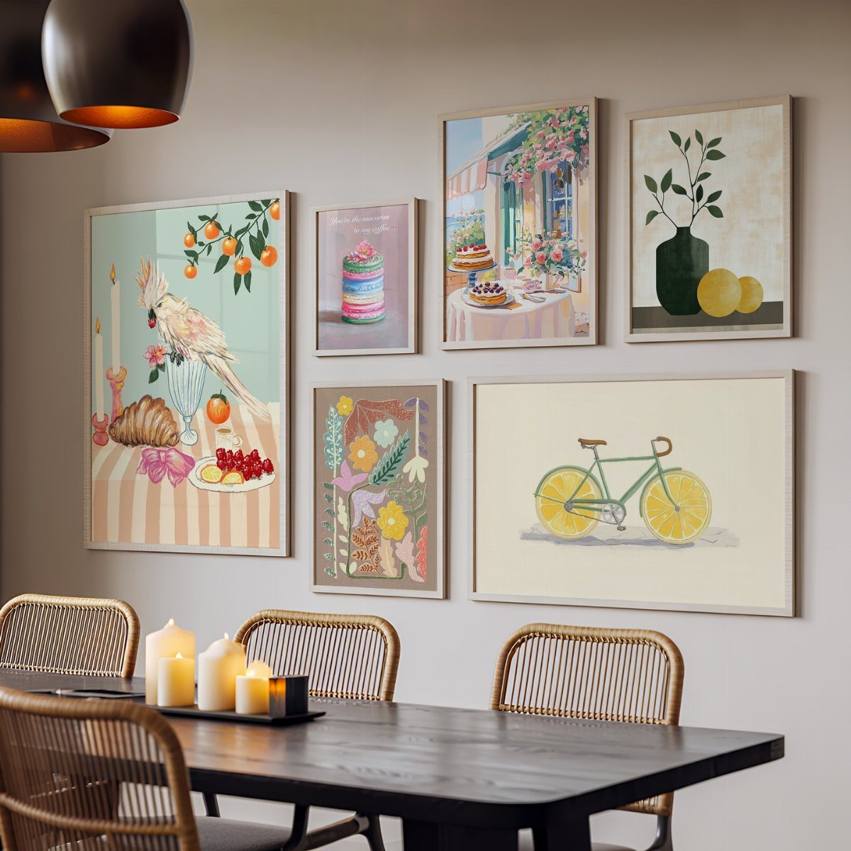 10 Dining Room Grey Wall Ideas for a Refined Look 5 Colorful art prints on grey walls above a black dining table and rattan chairs.