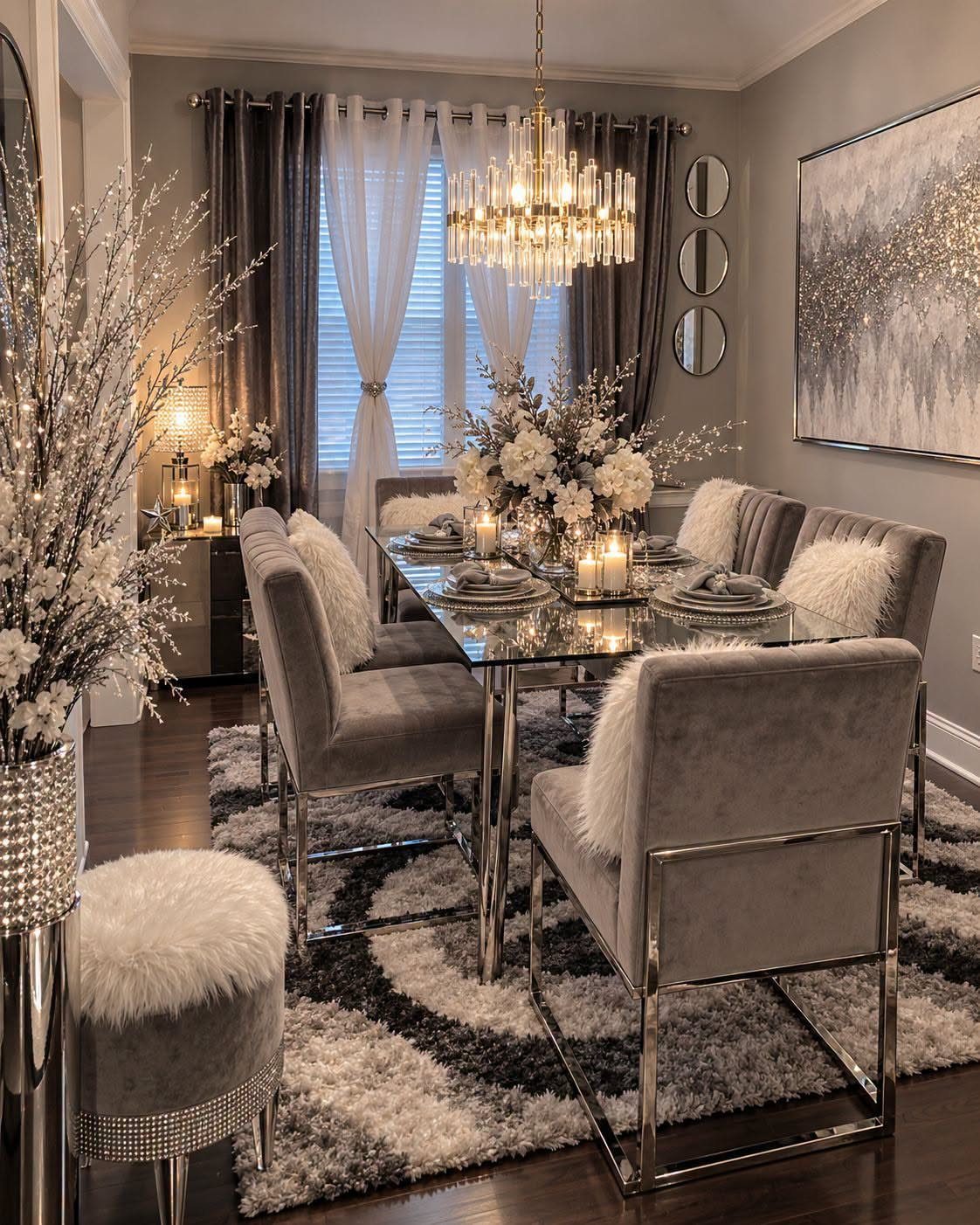 10 Dining Room Grey Wall Ideas for a Refined Look 8 Dining room with grey walls, velvet chairs, glass table, and crystal chandelier.