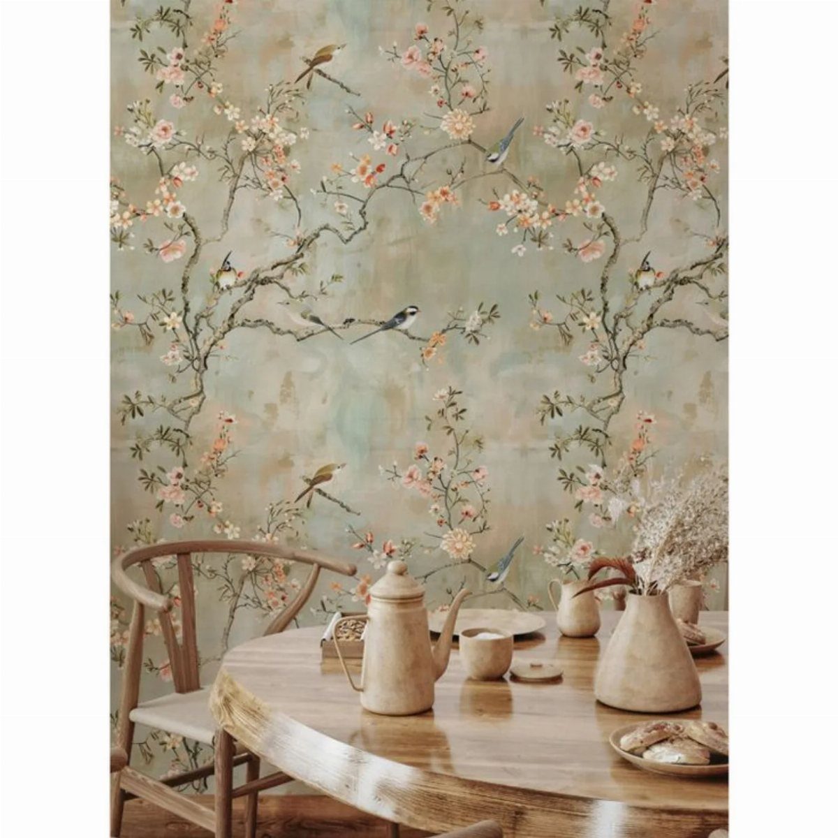 10 Dining Room Grey Wall Ideas for a Refined Look 1 Botanical wallpaper with cherry blossoms and birds behind a wooden dining table and chair.