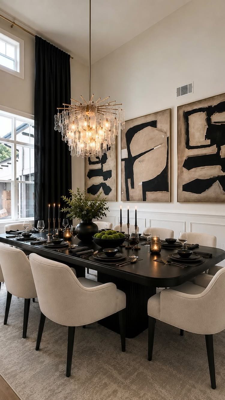 10 Dining Room Grey Wall Ideas for a Refined Look 7 Modern dining room with light grey walls, black table, and crystal chandelier.