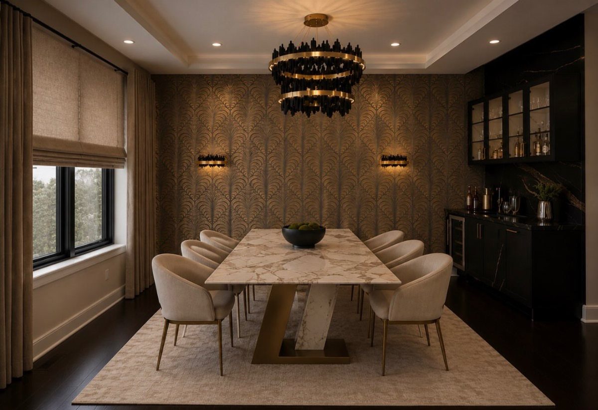 10 Dining Room Grey Wall Ideas for a Refined Look 9 Marble dining table with beige chairs against patterned grey and gold walls.