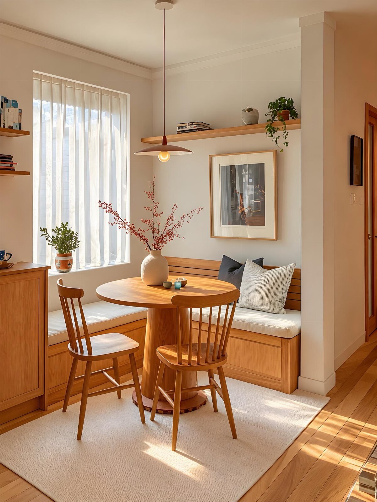 Wooden dining table and chairs in a bright nook with a floating shelf.