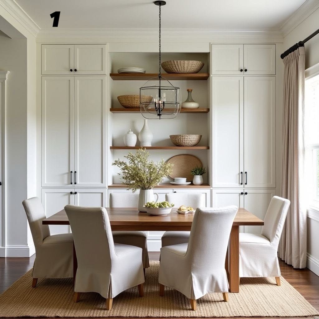 Thick timber floating shelves with bowls and vases in a white dining room.