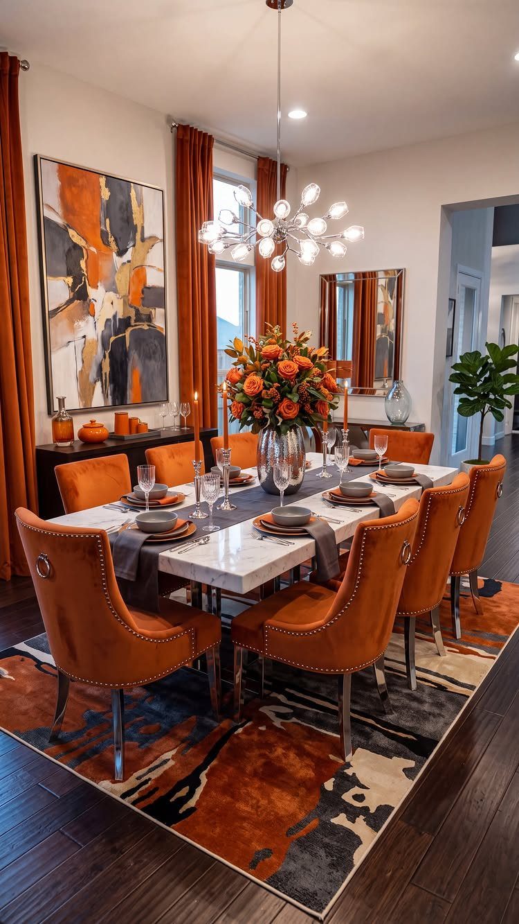 Orange floral arrangement in a glass vase on a marble dining table.