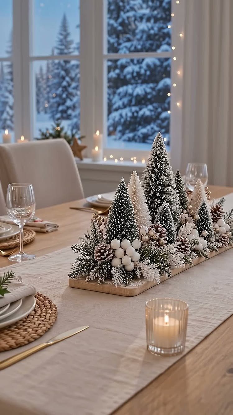 Winter centerpiece with snowy miniature trees and berries on a dining table runner.