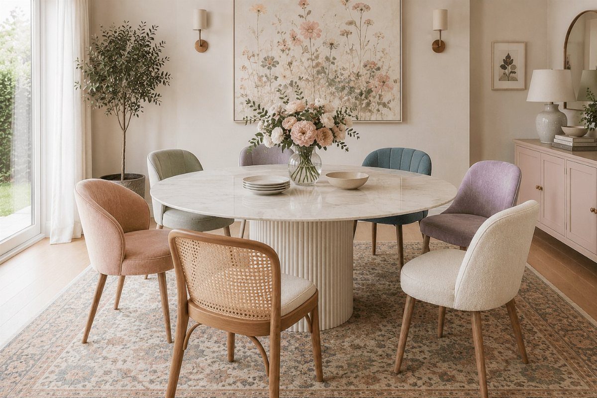 Round white marble dining table surrounded by colorful mismatched pastel upholstered chairs.