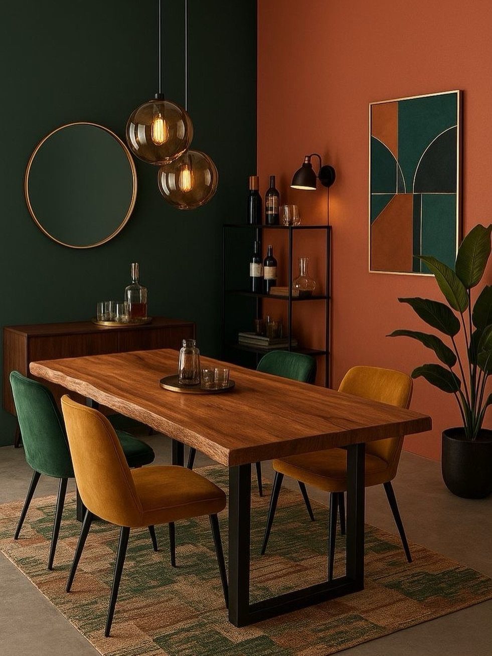 Wooden dining table surrounded by mismatched mustard yellow and forest green velvet chairs.