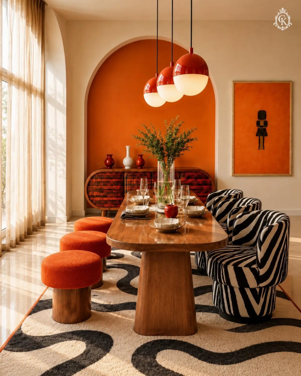 Wooden dining table with mismatched orange stools and zebra-print chairs in modern room.
