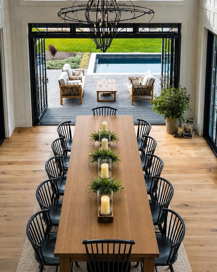 Dining Room Table for 12: 3 Handcrafted Options 1 Long wooden dining table with twelve black chairs in a bright, open room.