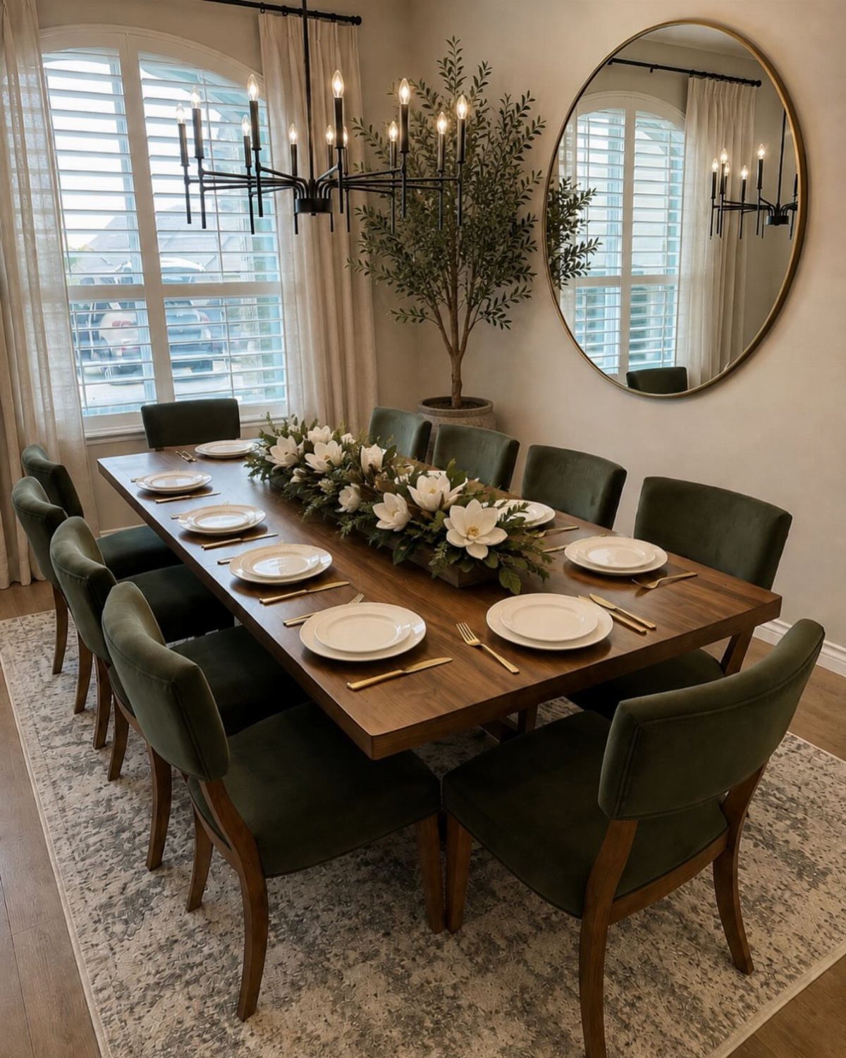 7 Dining Room Table Ideas for a Standout Space 1 Rectangular wooden dining table with a long white floral centerpiece and green chairs.