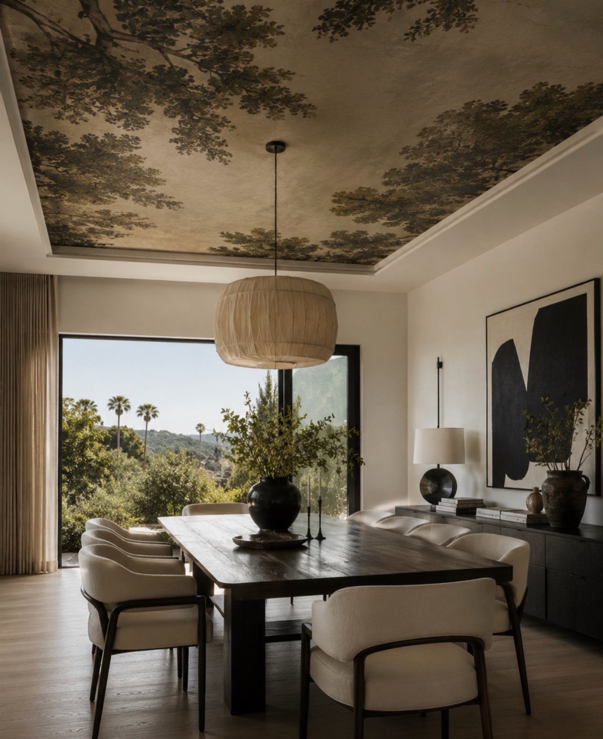 11 Dining Room Tray Ceiling Ideas with Photos 10 Dining room with a nature mural on a tray ceiling and woven pendant light.