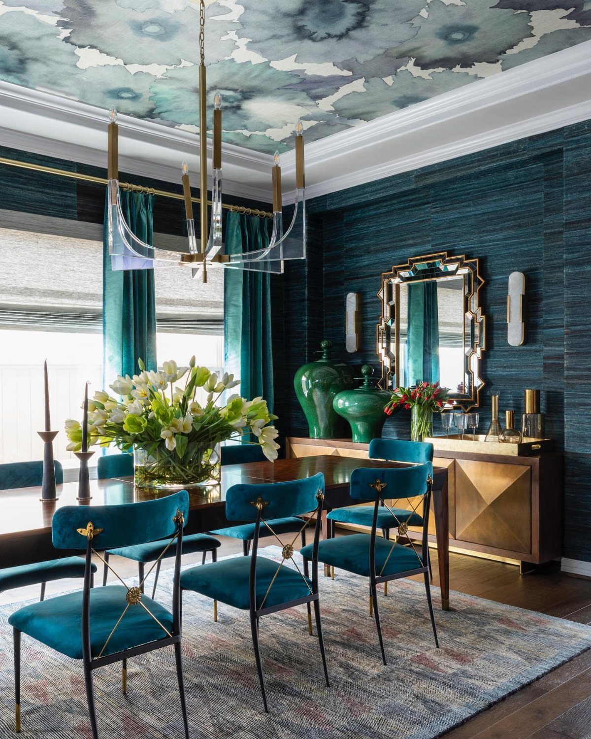 11 Dining Room Tray Ceiling Ideas with Photos 1 Dining room with a floral wallpapered tray ceiling and teal velvet chairs.