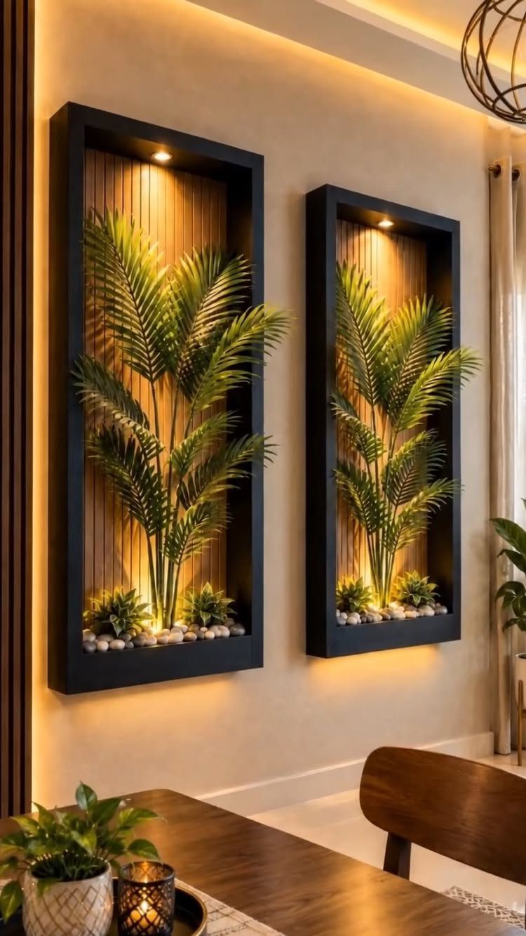 Two black-framed wall niches with green palm plants and warm lighting in dining room