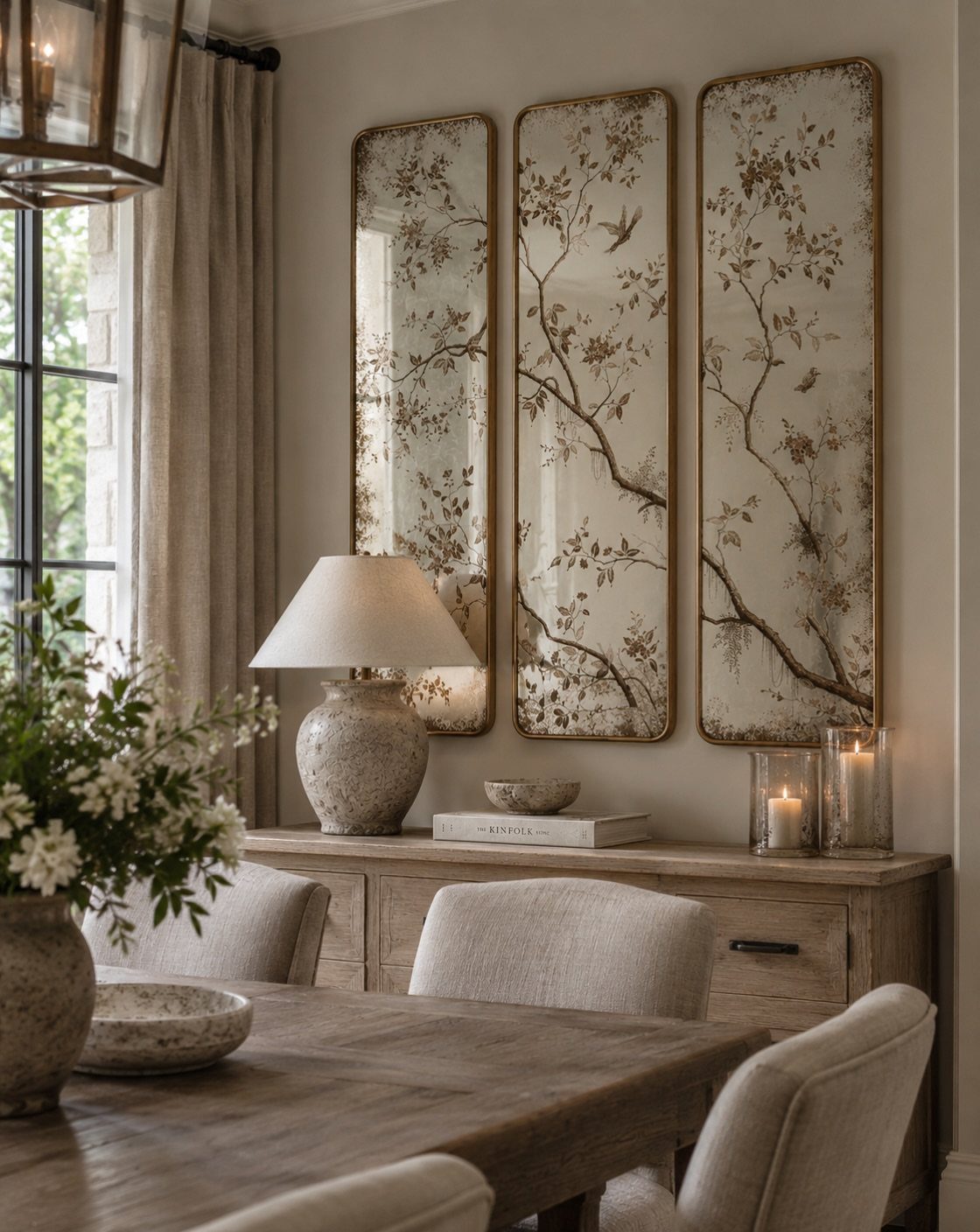 Three tall botanical mirrored panels arranged in a row above a wooden sideboard.