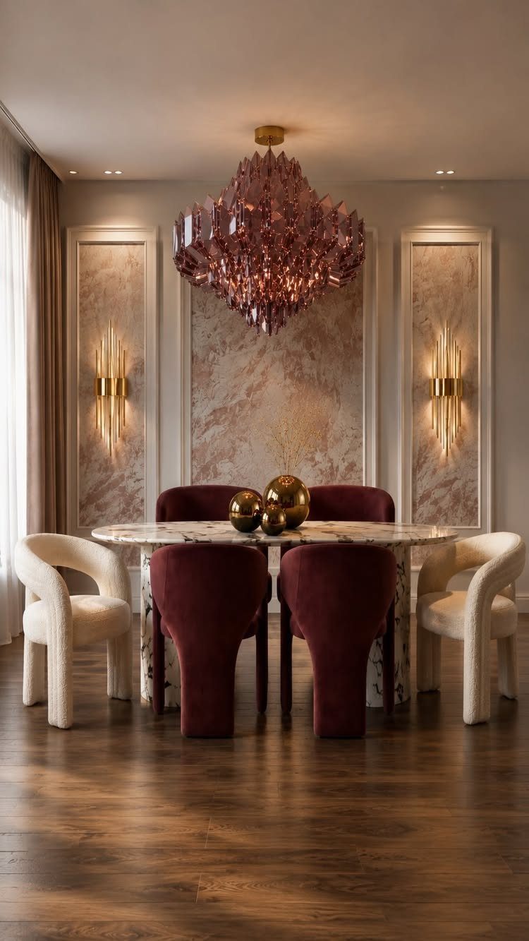 Luxurious dining room with purple chandelier, marble table, and gold wall sconces.