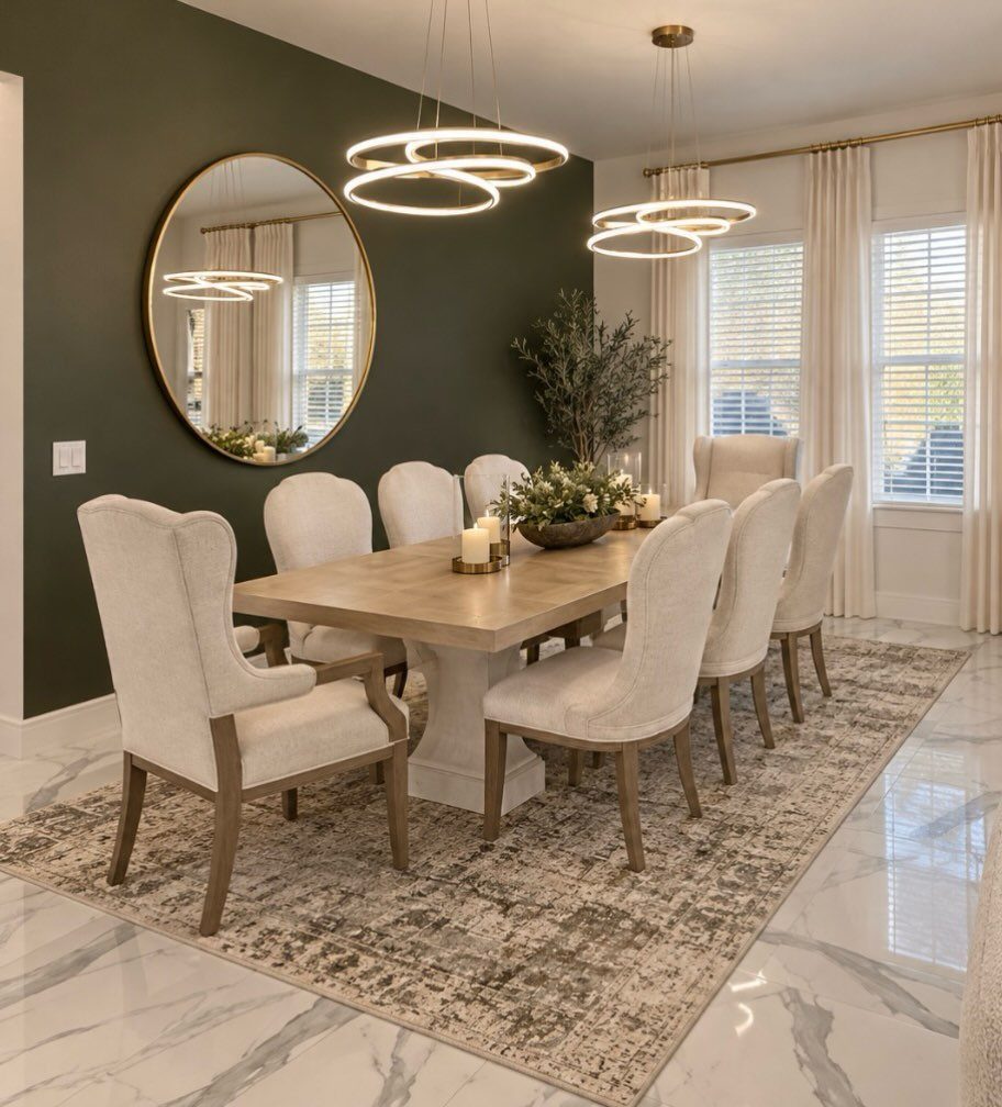 Large oval gold-framed mirror on a dark green dining room wall