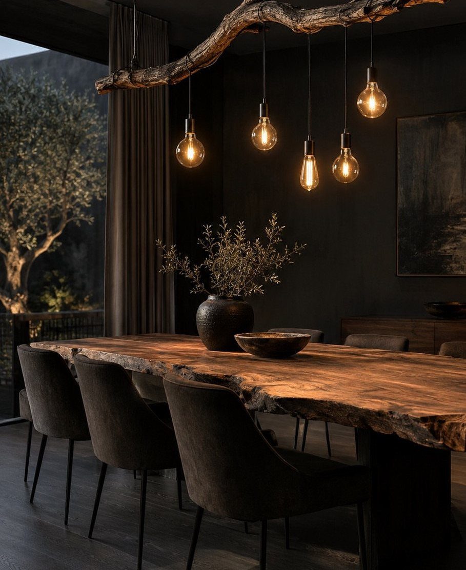 Dining room with a natural tree branch light fixture and live-edge wooden table.