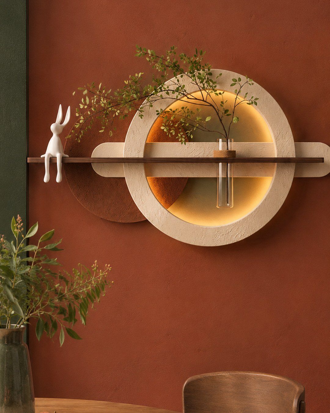 Circular textured wall art with a wooden shelf, lighting, and green foliage.