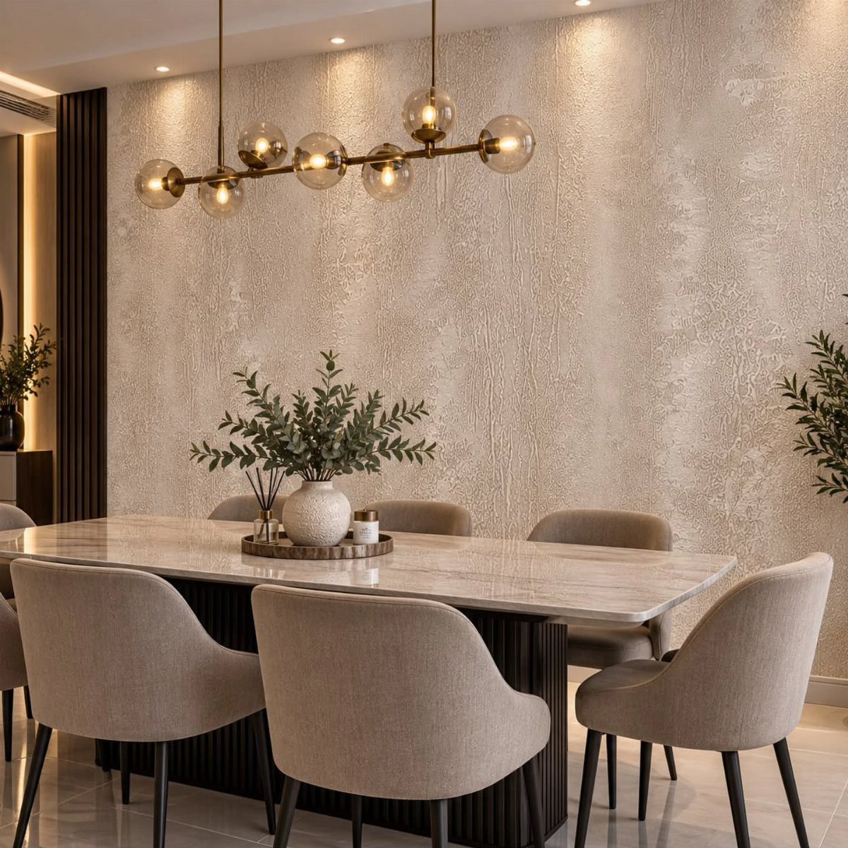Modern dining room with marble table and textured beige statement wallpaper wall.