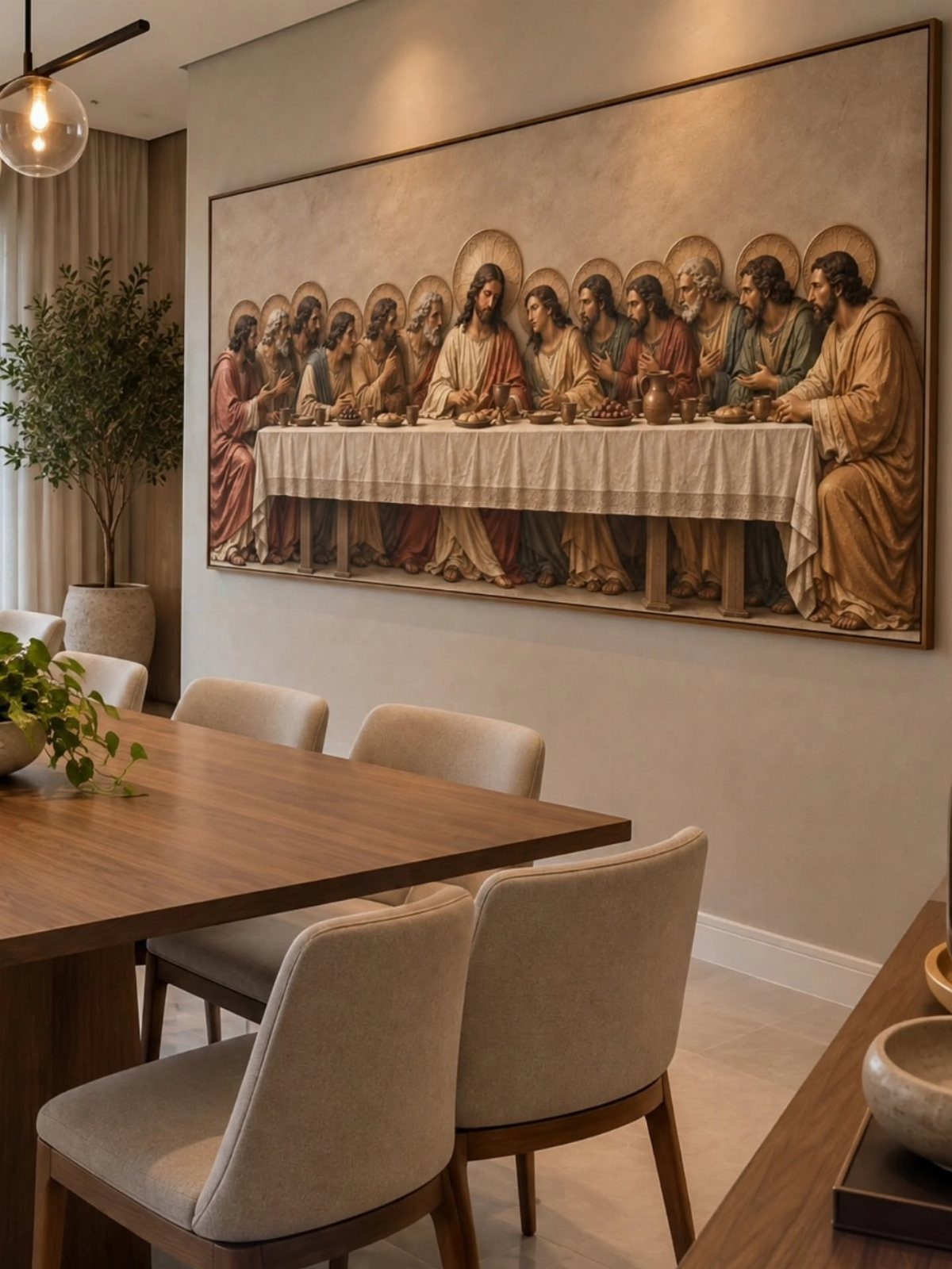 Large framed painting of The Last Supper on a dining room wall