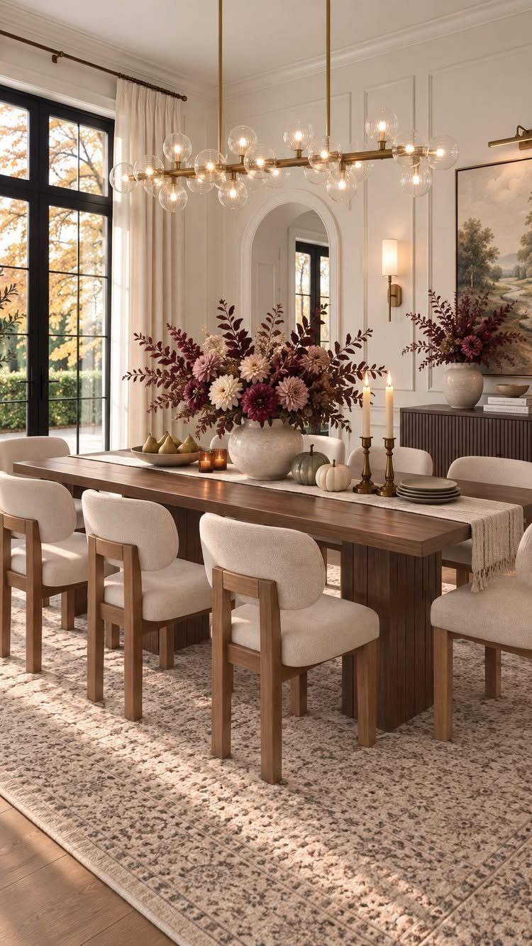 Dining room with coordinated cream, wood, and burgundy tones and paneled walls.