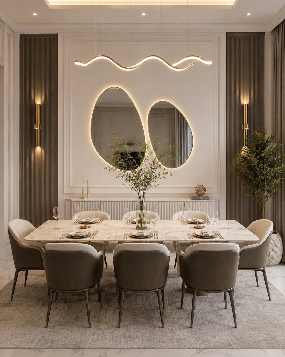 Modern dining room with fluted wood walls, marble table, and organic backlit mirrors.