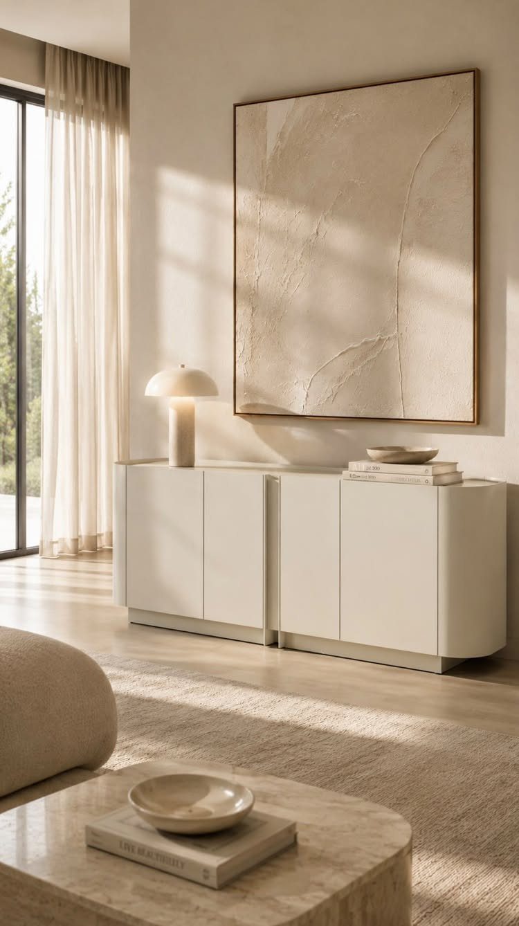 White minimalist buffet cabinet with rounded edges under a large abstract painting.