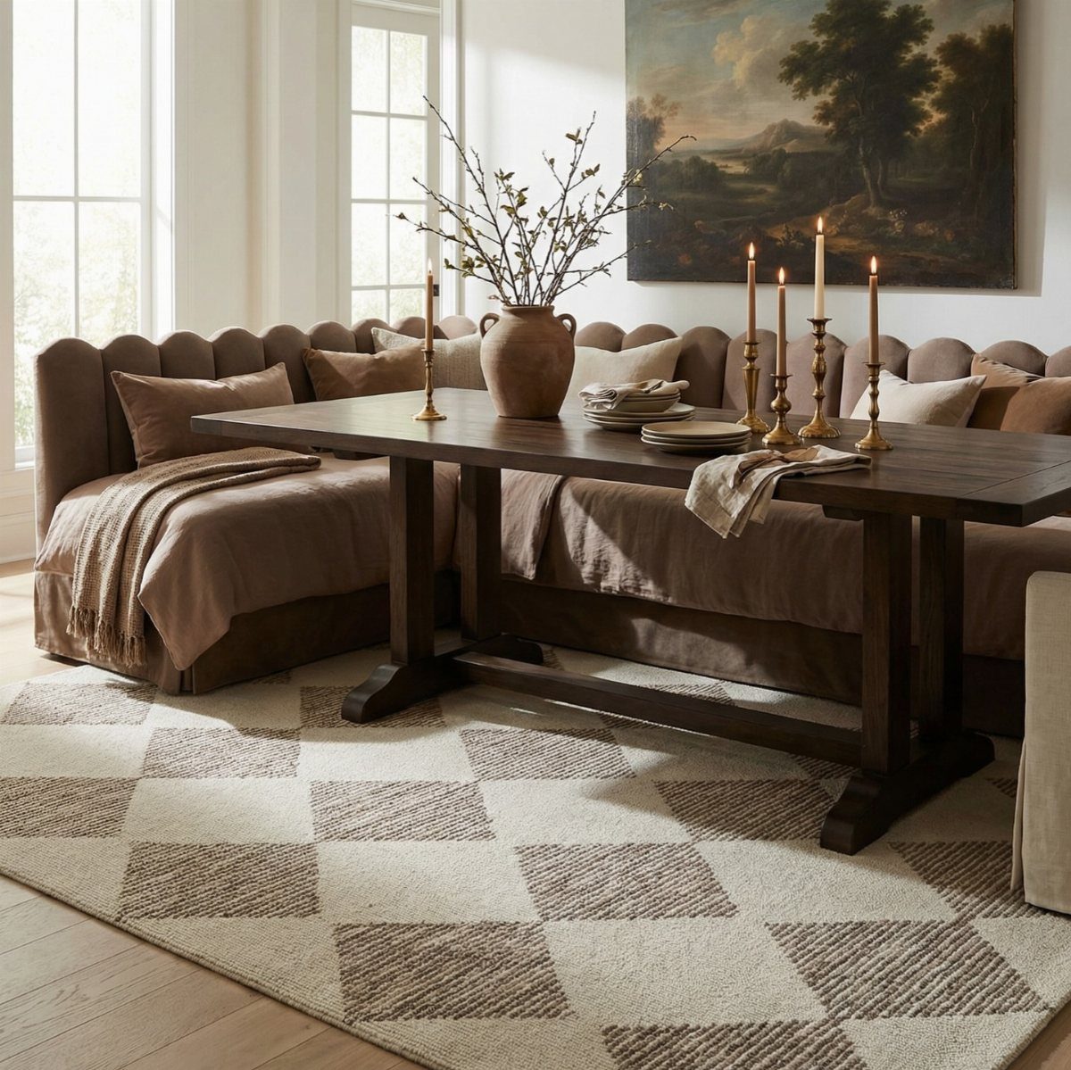 5 Dining Room with Carpet Ideas to Refresh Your Space 5 Checkered beige and brown rug under a dark wood dining table and banquette.